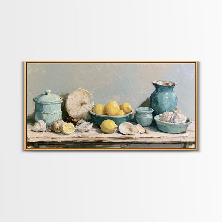 Shellfish and Lemon Still Life Framed Canvas Print, Dining Room Art, Abstract Wall Art, Dining Room Decor, Fine Art, Dining, DRA-2x1-84