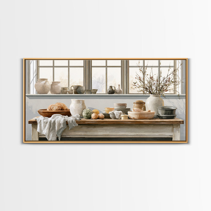 Sunlit Farmhouse Table Objects Without Room View Framed Canvas Print, Dining Room Art, Print, Dining Room Decor, Dining, DRA-2x1-85