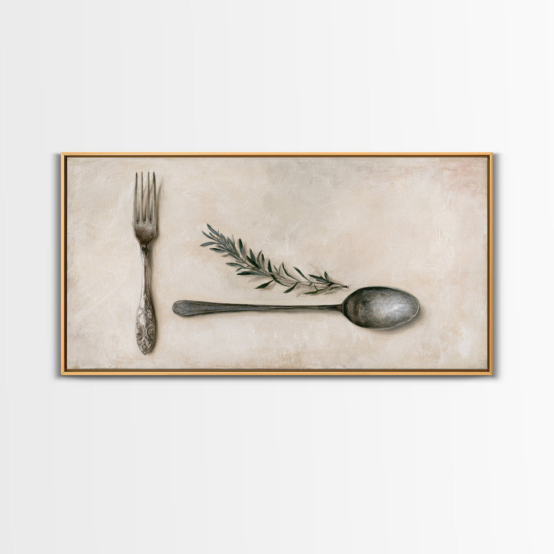 Minimal Fork Spoon and Herb Composition Framed Canvas Print, Dining Room Art, Dining Room Decor, Oil Painting, Dining, DRA-2x1-90