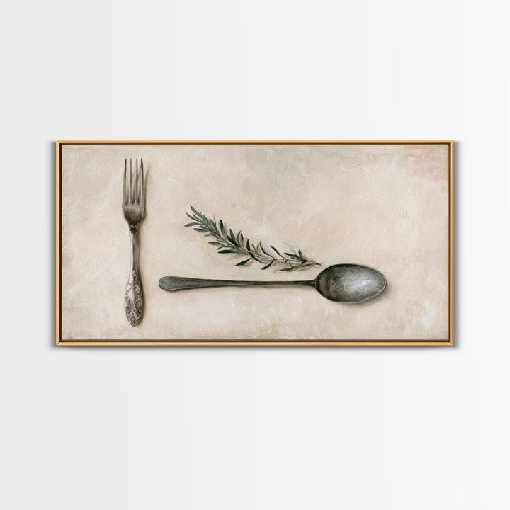 Minimal Fork Spoon and Herb Composition Framed Canvas Print, Dining Room Art, Dining Room Decor, Oil Painting, Dining, DRA-2x1-90