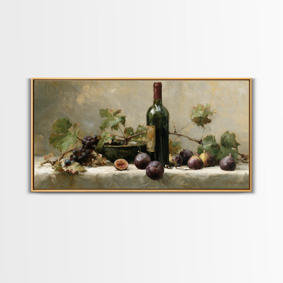 Wine Bottle and Figs on a Linen Framed Canvas Print, Dining Room Art, Coastal Decor, Dining Room Decor, Fine Art, Dining, DRA-2x1-95