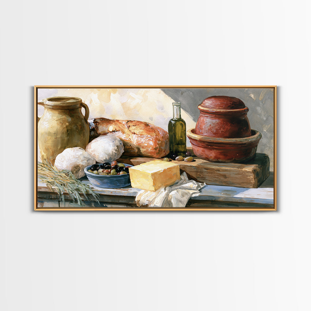 Rustic Bread Olives and Cheese Still Life Canvas Print, Dining Room Art, Dining Room Decor, Watercolor Art, Dining, DRA-2x1-98