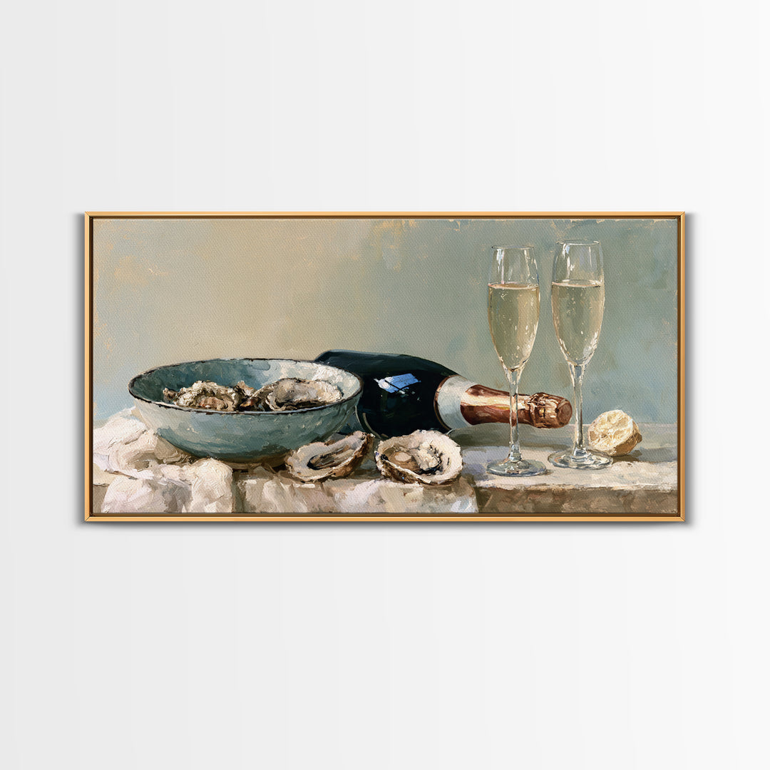 Elegant Oyster and Champagne Still Life Framed Canvas Print, Dining Room Art, Kitchen Wall Art, Dining Room Decor, Dining, DRA-2x1-99