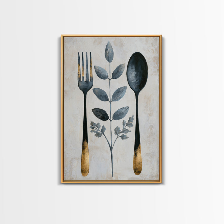 Minimal Fork Spoon and Herb Composition Framed Canvas Print, Dining Room Art, Wall Decor, Dining Room Decor, Fine Art, Dining, DRA-2x3-30