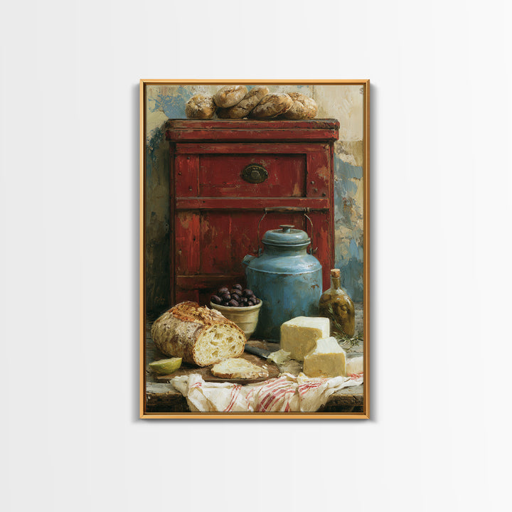 Rustic Bread Olives and Cheese Still Life Framed Canvas Print, Dining Room Art, Art Print, Dining Room Decor, Fine Art, Dining, DRA-2x3-38