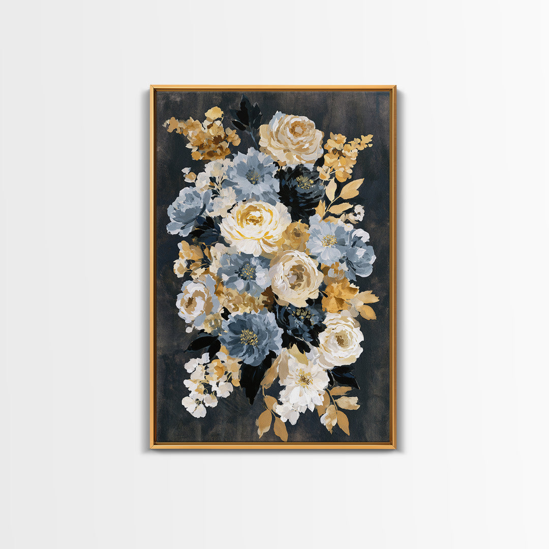 Moody Dark Background Bouquet for Formal Dining Framed Canvas Print, Dining Room Art, Neutral Decor, Dining Room Decor, Dining, DRA-2x3-43