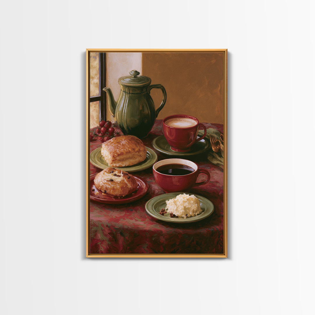 Coffee and Pastry Scene for Breakfast Nook Framed Canvas Print, Dining Room Art, Statement Artwork, Dining Room Decor, Dining, DRA-2x3-46