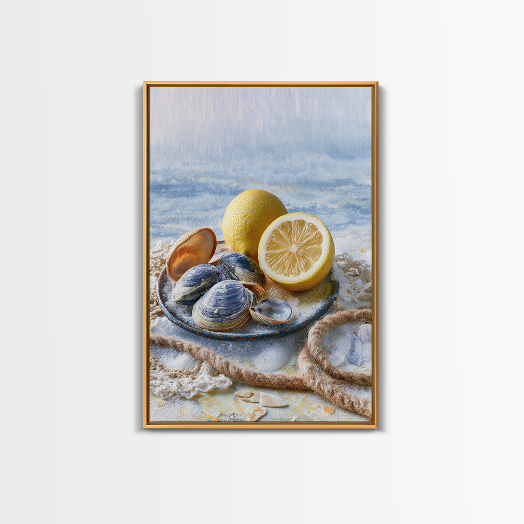 Shellfish and Lemon Still Life Framed Canvas Print, Dining Room Art, Kitchen Prints, Dining Room Decor, Watercolor Art, Dining, DRA-2x3-48