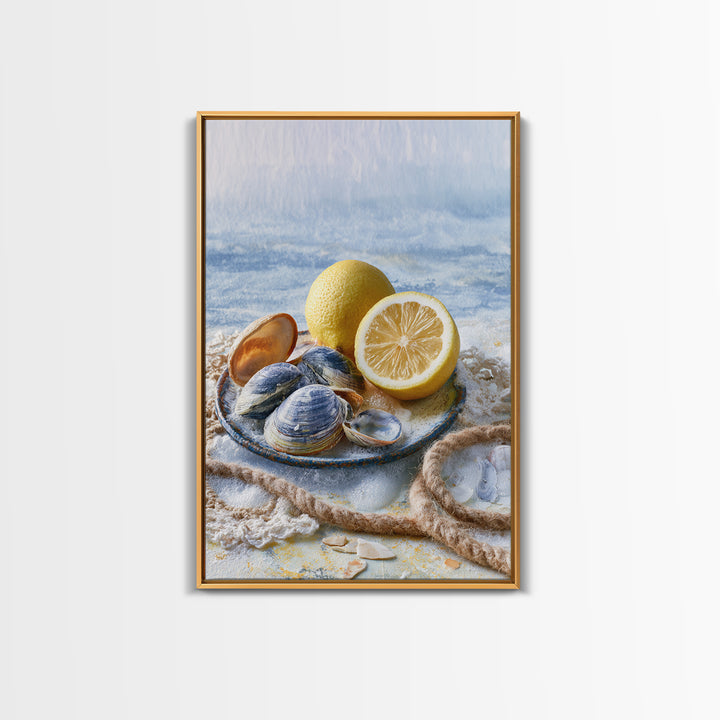 Shellfish and Lemon Still Life Framed Canvas Print, Dining Room Art, Kitchen Prints, Dining Room Decor, Watercolor Art, Dining, DRA-2x3-48