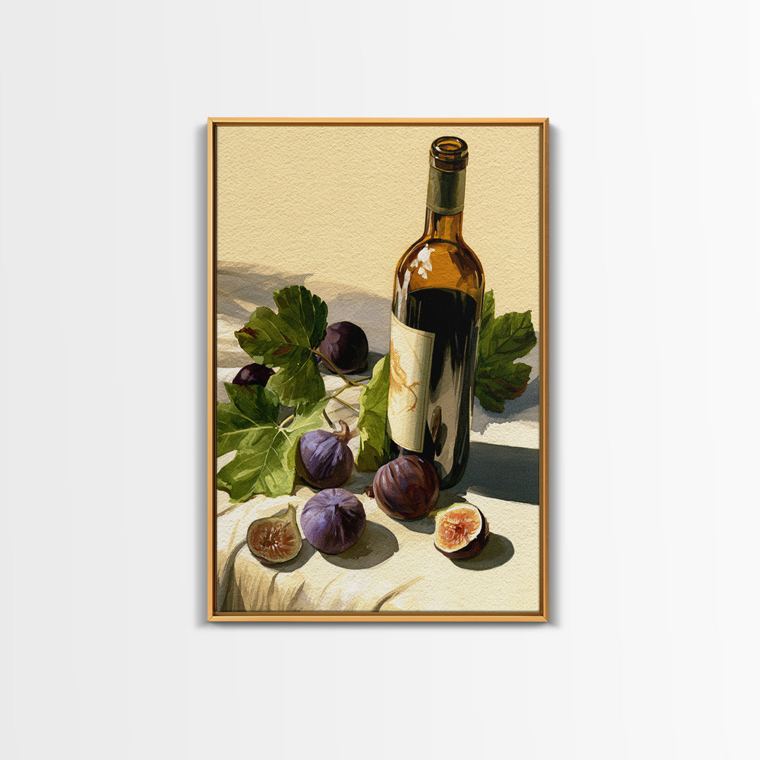 Wine Bottle and Figs on a Linen Framed Canvas Print, Dining Room Art, Boho Decor, Dining Room Decor, Abstract Art, Dining, DRA-2x3-59