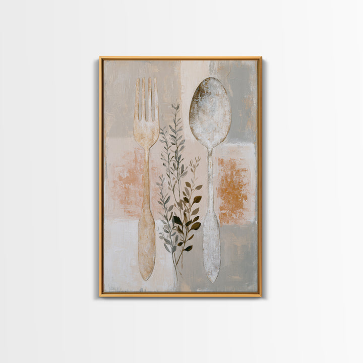 Minimal Fork Spoon and Herb Composition Framed Canvas Print, Dining Room Art, Wall Decor, Dining Room Decor, Fine Art, Dining, DRA-2x3-6