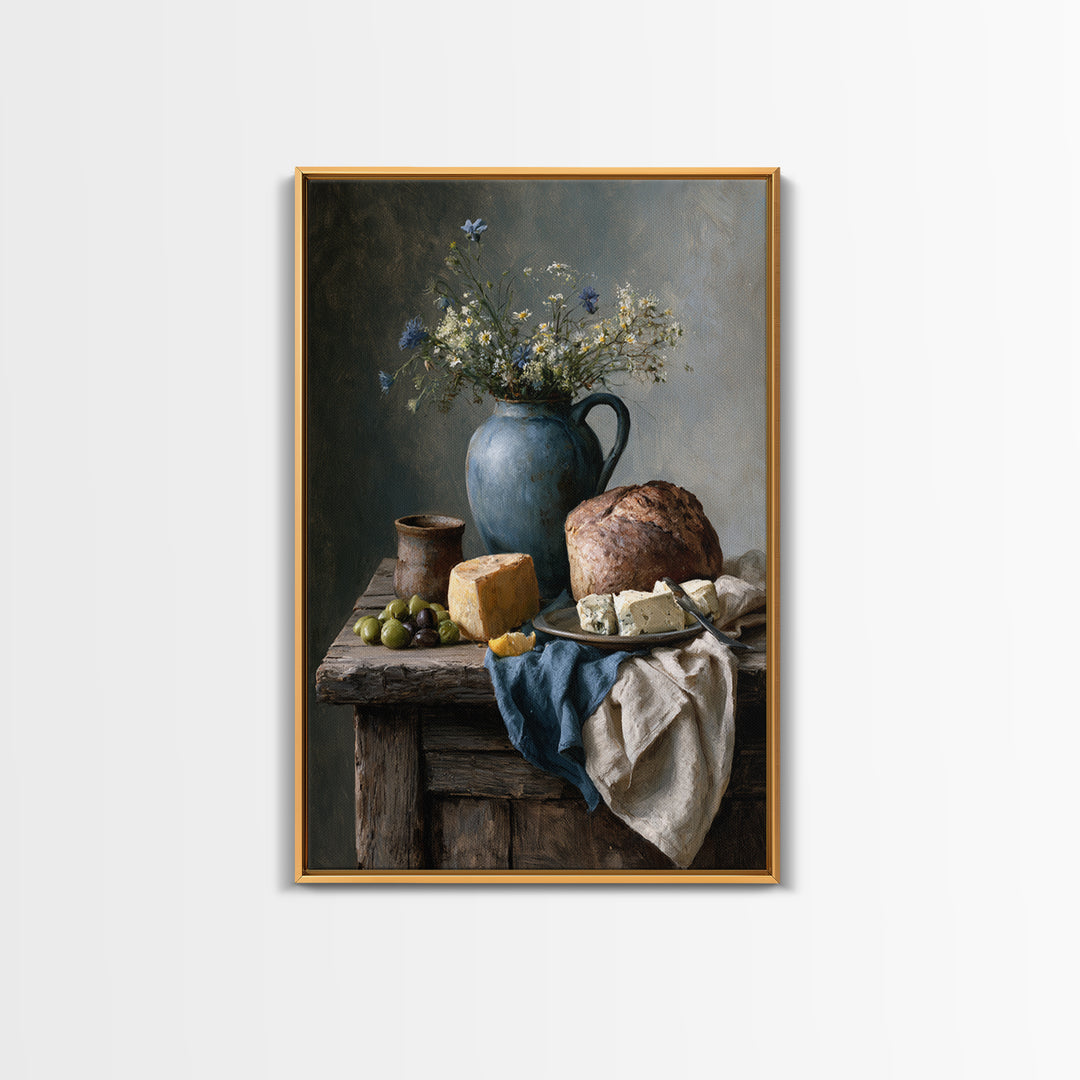 Rustic Bread Olives and Cheese Still Life Canvas Print, Dining Room Art, Wall Art, Dining Room Decor, Abstract Art, Dining, DRA-2x3-62
