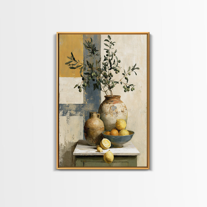 Mediterranean Olive Branch and Citrus Arrangement Canvas Print, Dining Room Art, Minimalist Decor, Dining Room Decor, Dining, DRA-2x3-68