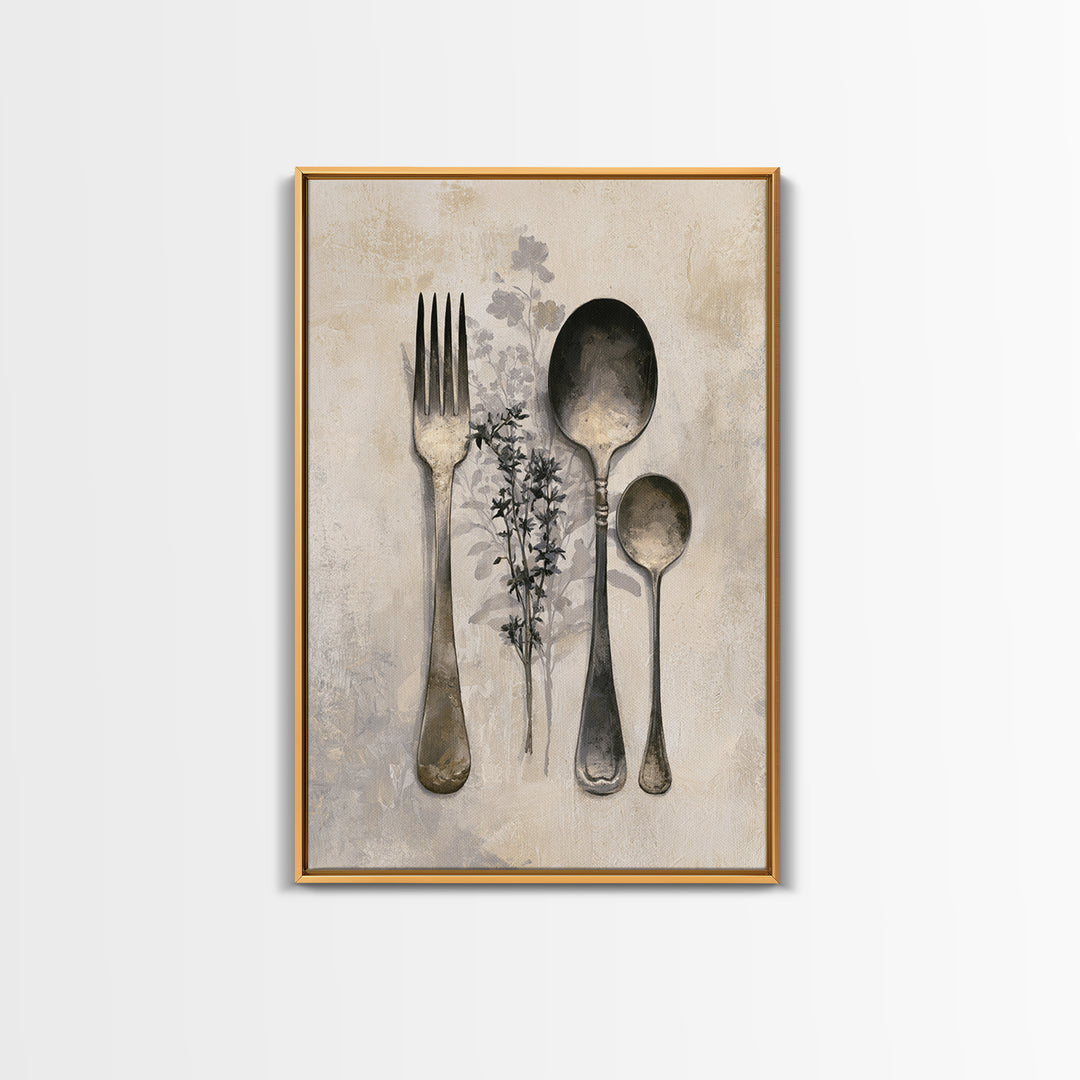 Minimal Fork Spoon and Herb Composition Framed Canvas Print, Dining Room Art, Minimalist Decor, Dining Room Decor, Dining, DRA-2x3-78