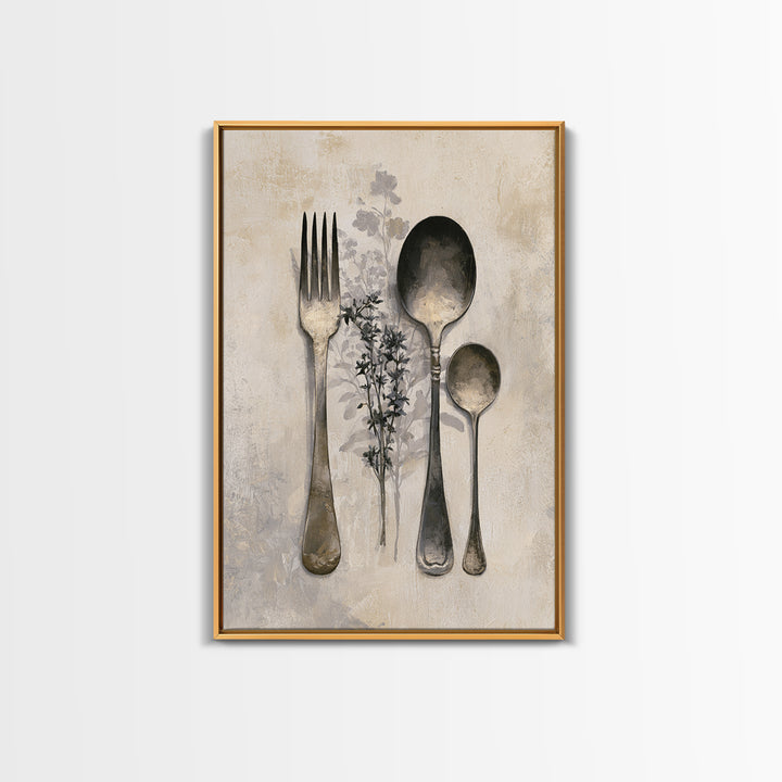Minimal Fork Spoon and Herb Composition Framed Canvas Print, Dining Room Art, Minimalist Decor, Dining Room Decor, Dining, DRA-2x3-78