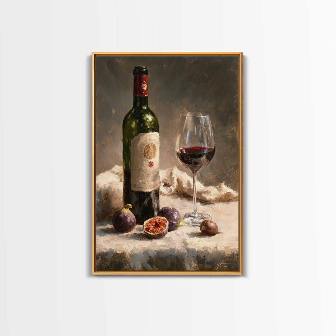 Wine Bottle and Figs on a Linen Framed Canvas Print, Dining Room Art, Print, Dining Room Decor, Dining, Living Room Decor, DRA-2x3-83