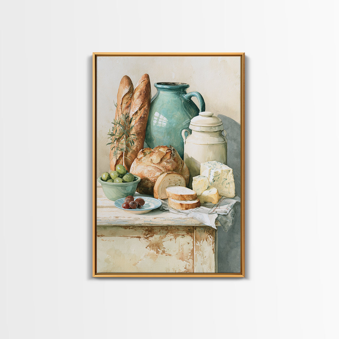Rustic Bread Olives and Cheese Still Life Canvas Print, Dining Room Art, Wall Art, Dining Room Decor, Abstract Art, Dining, DRA-2x3-86