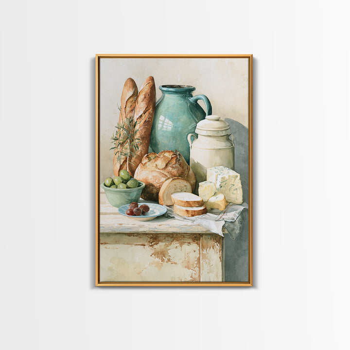 Rustic Bread Olives and Cheese Still Life Canvas Print, Dining Room Art, Wall Art, Dining Room Decor, Abstract Art, Dining, DRA-2x3-86