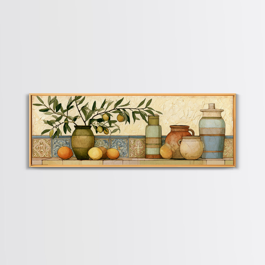 Mediterranean Olive Branch and Citrus Arrangement Canvas Print, Dining Room Art, Coastal Wall Art, Dining Room Decor, Dining, DRA-3x1-100