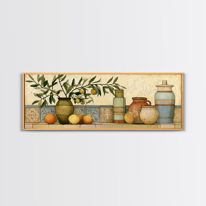 Mediterranean Olive Branch and Citrus Arrangement Canvas Print, Dining Room Art, Coastal Wall Art, Dining Room Decor, Dining, DRA-3x1-100