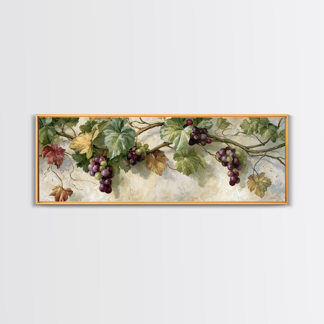 Botanical Grapevine with Leaves and Fruit Canvas Print, Dining Room Art, Dining Room Decor, Oil Painting, Dining, DRA-3x1-13