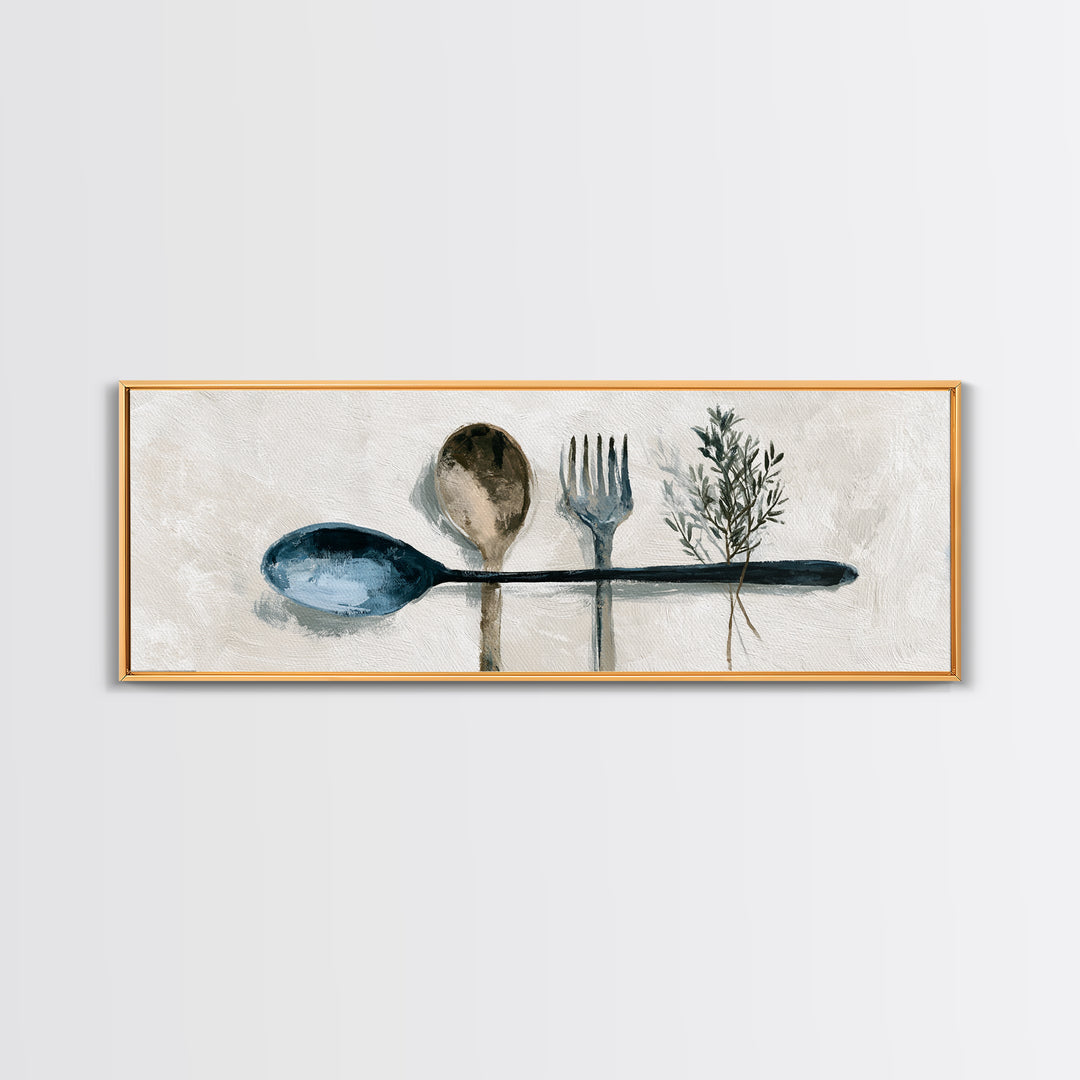 Minimal Fork Spoon and Herb Composition Canvas Print, Dining Room Art, Coastal Wall Art, Dining Room Decor, Fine Art, Dining, DRA-3x1-14