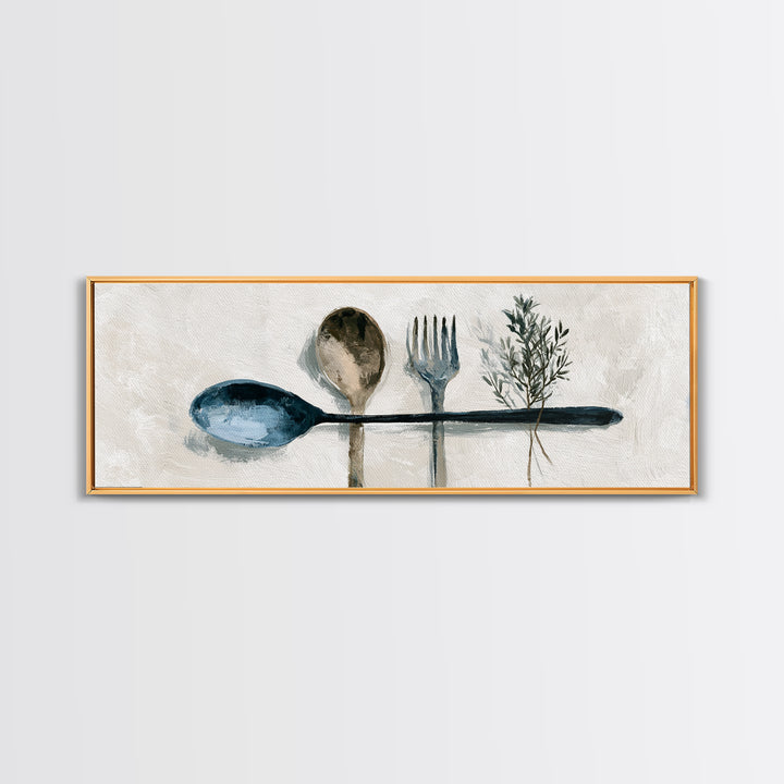 Minimal Fork Spoon and Herb Composition Canvas Print, Dining Room Art, Coastal Wall Art, Dining Room Decor, Fine Art, Dining, DRA-3x1-14