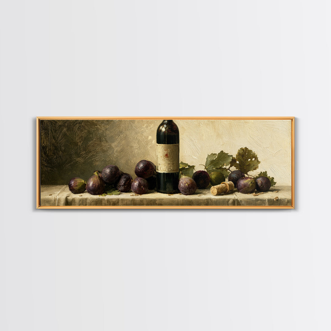 Wine Bottle and Figs on a Linen Canvas Print, Dining Room Art, Wall Decor, Dining Room Decor, Abstract Art, Dining, DRA-3x1-19
