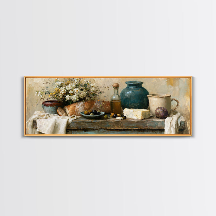 Rustic Bread Olives and Cheese Still Life Canvas Print, Dining Room Art, Neutral Decor, Dining Room Decor, Abstract Art, Dining, DRA-3x1-22