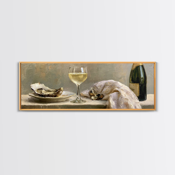 Elegant Oyster and Champagne Still Life Framed Canvas Print, Dining Room Art, Neutral Decor, Dining Room Decor, Dining, DRA-3x1-23