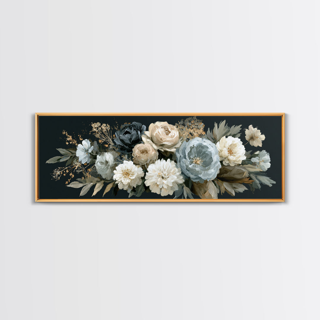Moody Dark Background Bouquet for Formal Dining Framed Canvas Print, Dining Room Art, Modern Decor, Dining Room Decor, Dining, DRA-3x1-27