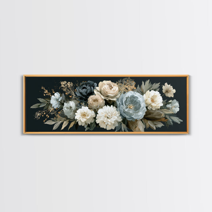 Moody Dark Background Bouquet for Formal Dining Framed Canvas Print, Dining Room Art, Modern Decor, Dining Room Decor, Dining, DRA-3x1-27