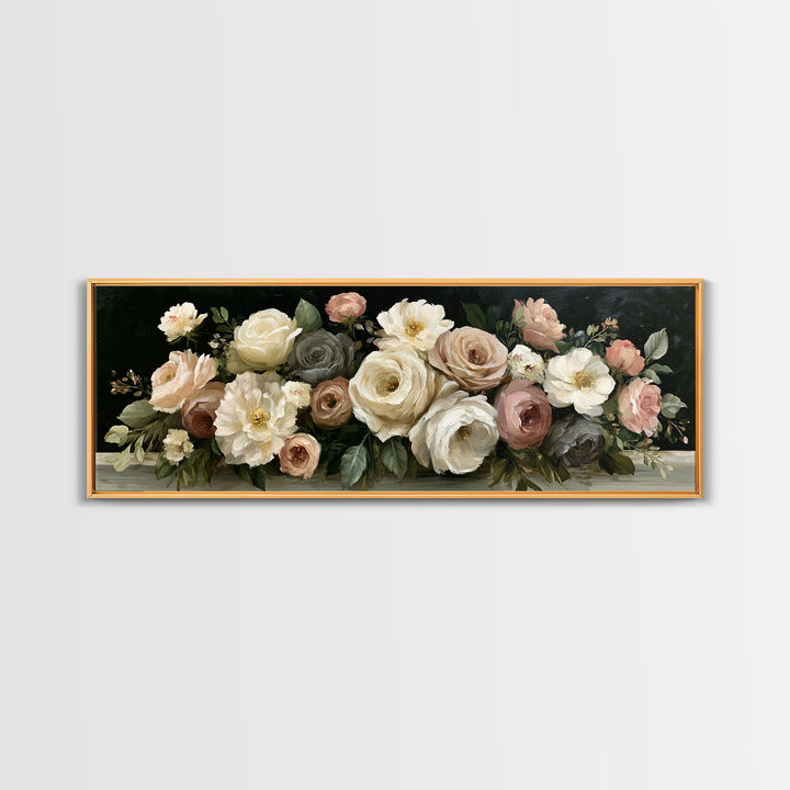 Moody Dark Background Bouquet for Formal Dining Canvas Print, Dining Room Art, Trendy Wall Art, Dining Room Decor, Dining, DRA-3x1-3