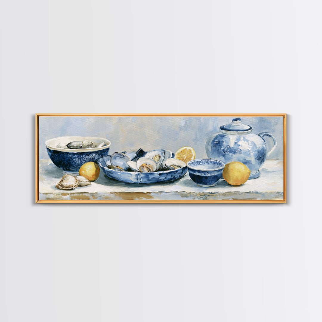 Shellfish and Lemon Still Life Framed Canvas Print, Dining Room Art, Trendy Wall Art, Dining Room Decor, Watercolor Art, Dining, DRA-3x1-32
