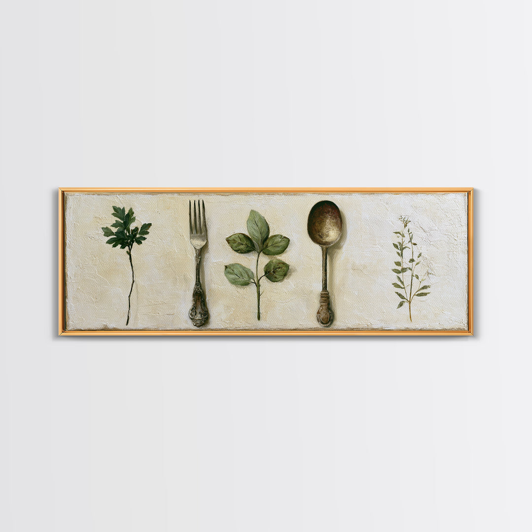 Minimal Fork Spoon and Herb Composition Canvas Print, Dining Room Art, Print, Dining Room Decor, Dining, Living Room Decor, DRA-3x1-38