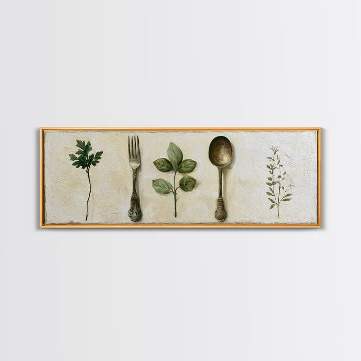 Minimal Fork Spoon and Herb Composition Canvas Print, Dining Room Art, Print, Dining Room Decor, Dining, Living Room Decor, DRA-3x1-38