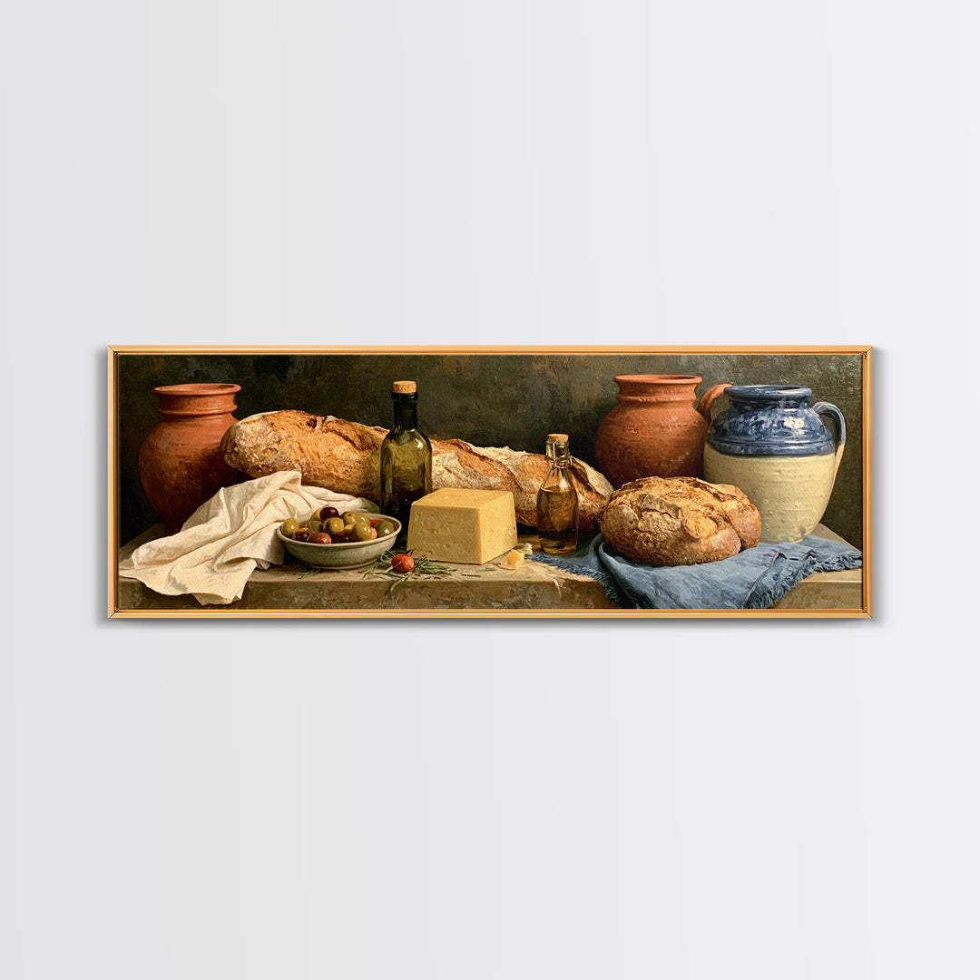 Rustic Bread Olives and Cheese Still Life Canvas Print, Dining Room Art, Kitchen Wall Art, Dining Room Decor, Fine Art, Dining, DRA-3x1-46