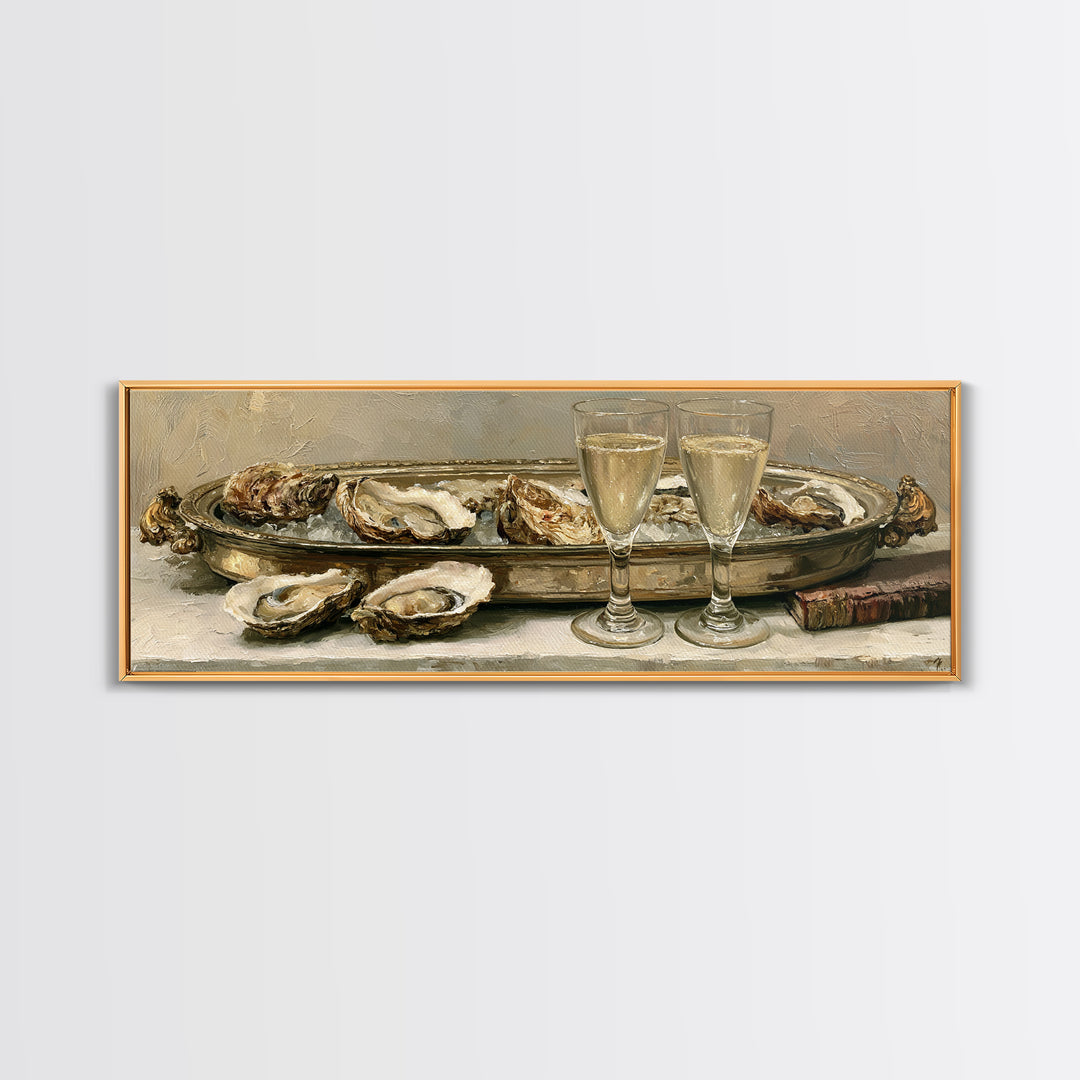 Elegant Oyster and Champagne Still Life Framed Canvas Print, Dining Room Art, Dining Room Decor, Oil Painting, Dining, DRA-3x1-47