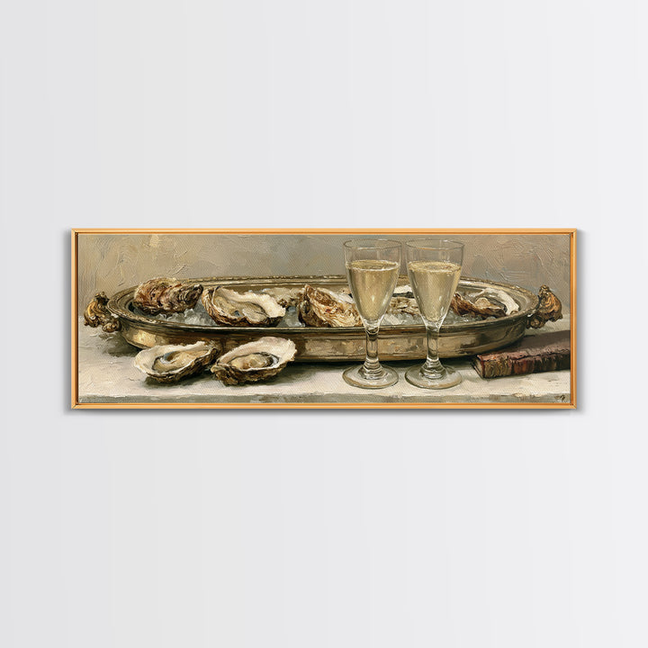 Elegant Oyster and Champagne Still Life Framed Canvas Print, Dining Room Art, Dining Room Decor, Oil Painting, Dining, DRA-3x1-47