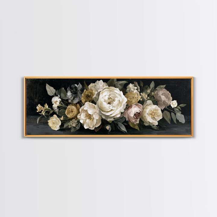 Moody Dark Background Bouquet for Formal Dining Framed Canvas Print, Dining Room Art, Wall Art, Dining Room Decor, Dining, DRA-3x1-51