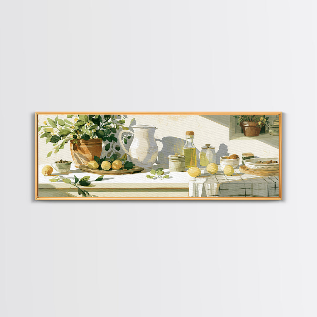 Sunlit Farmhouse Table Objects Without Room View Framed Canvas Print, Dining Room Art, Kitchen Art, Dining Room Decor, Dining, DRA-3x1-57