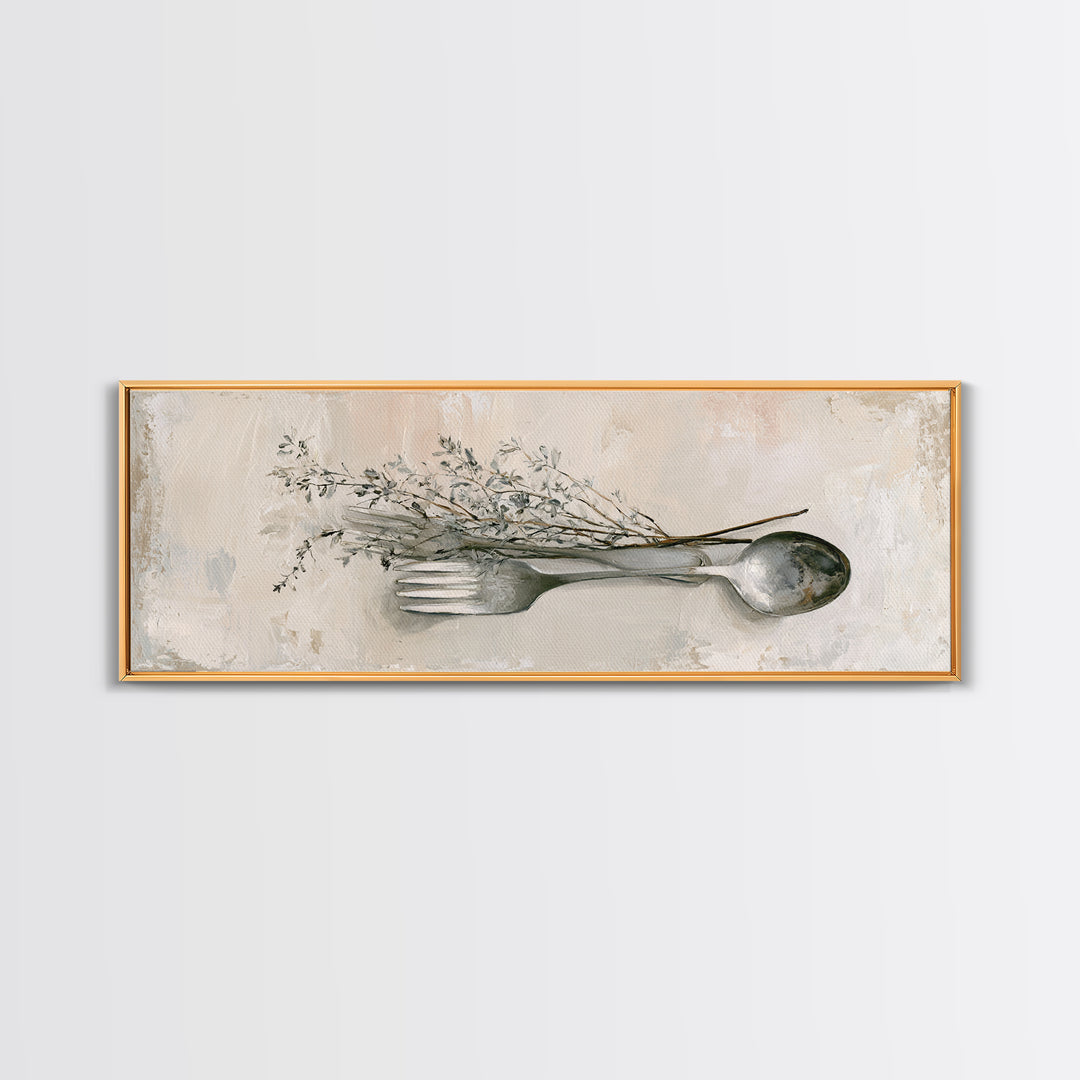 Minimal Fork Spoon and Herb Composition Canvas Print, Dining Room Art, Coastal Decor, Dining Room Decor, Oil Painting, Dining, DRA-3x1-62