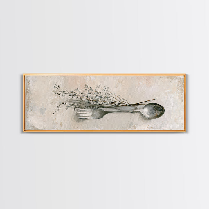Minimal Fork Spoon and Herb Composition Canvas Print, Dining Room Art, Coastal Decor, Dining Room Decor, Oil Painting, Dining, DRA-3x1-62