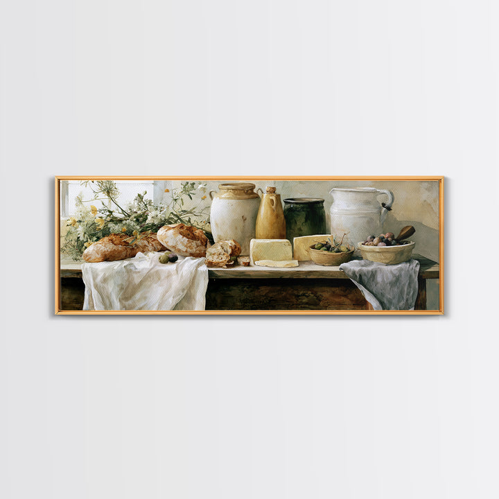 Rustic Bread Olives and Cheese Still Life Canvas Print, Dining Room Art, Modern Decor, Dining Room Decor, Oil Painting, Dining, DRA-3x1-70