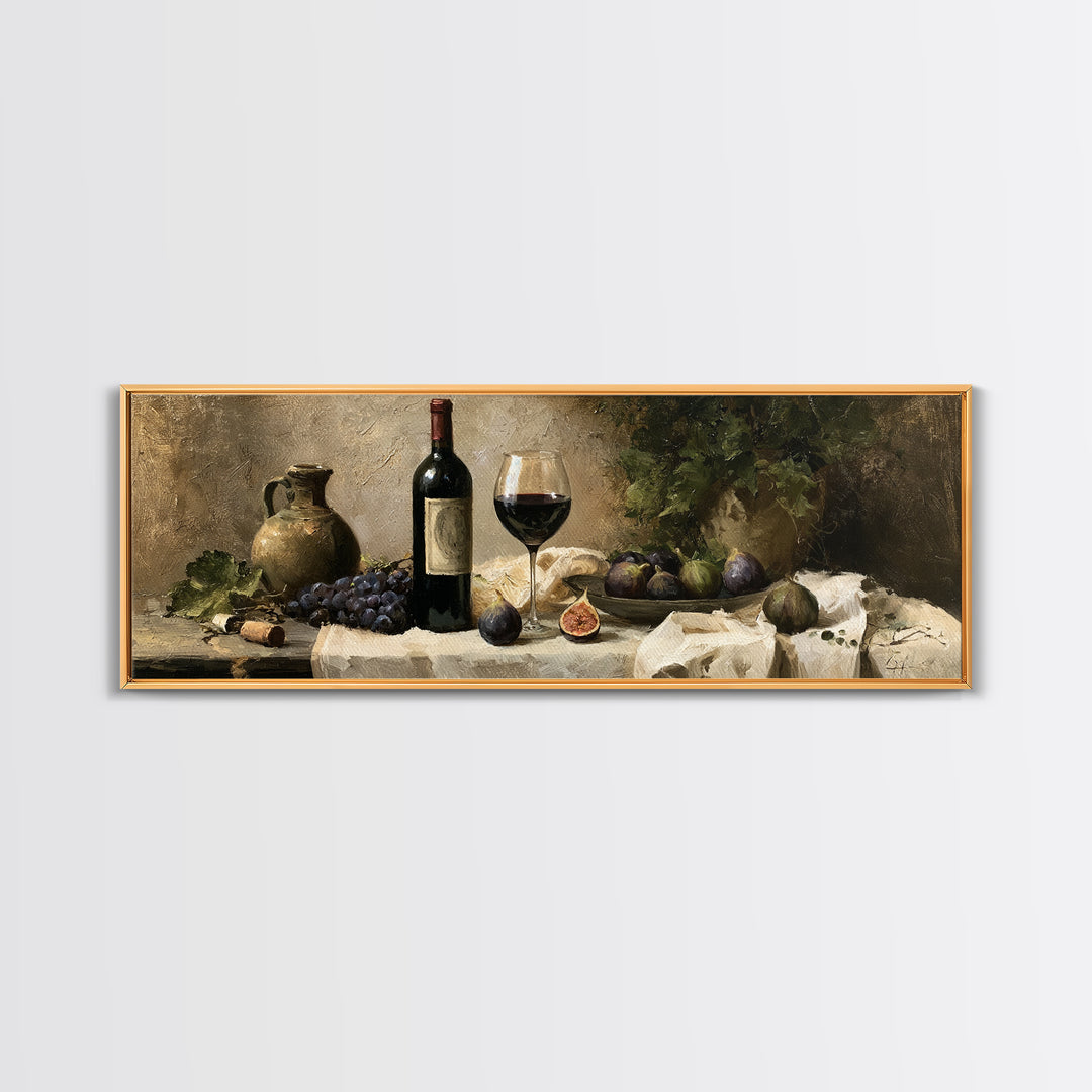 Wine Bottle and Figs on a Linen Canvas Print, Dining Room Art, Dining Room Wall Art, Dining Room Decor, Abstract Art, Dining, DRA-3x1-91
