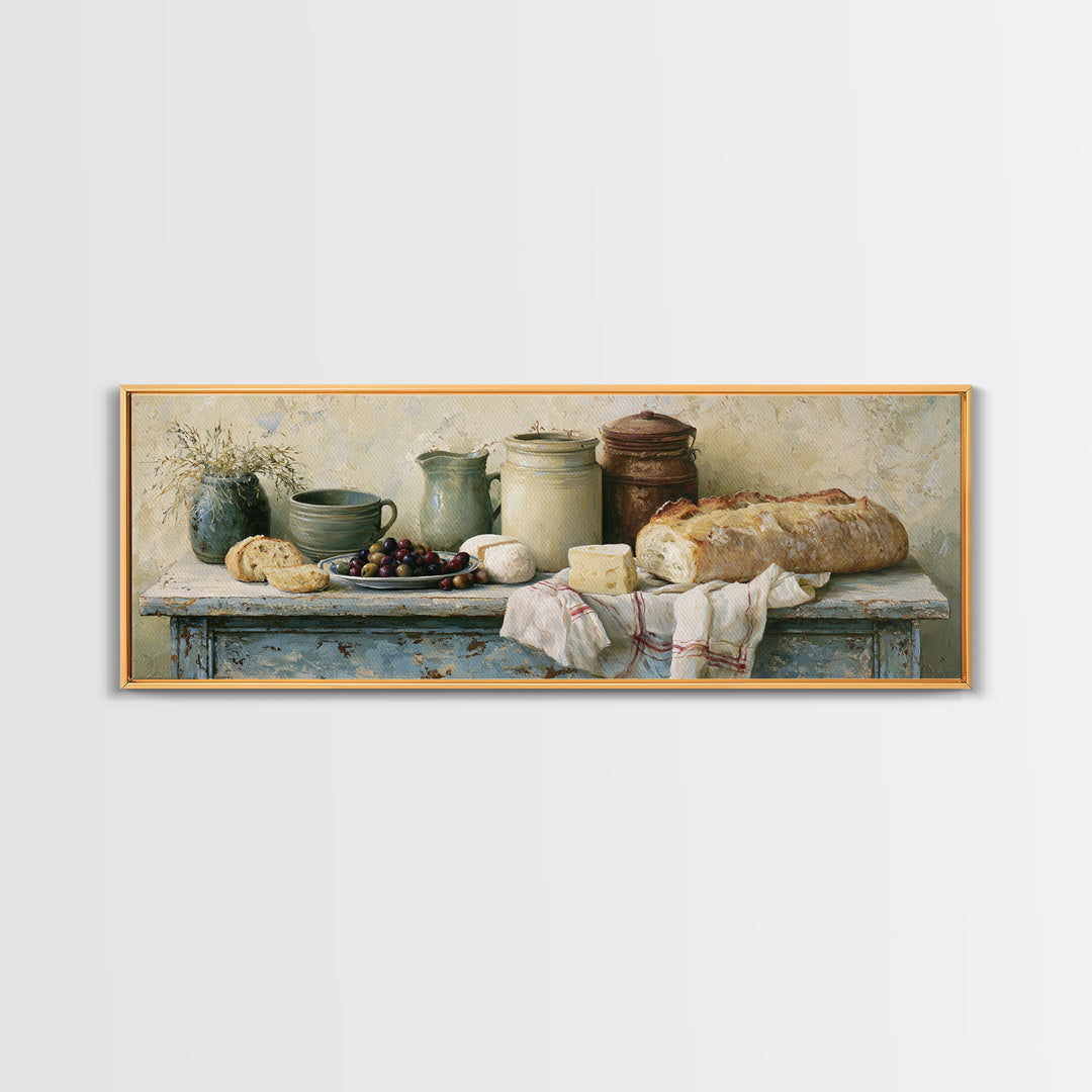 Rustic Bread Olives and Cheese Still Life Canvas Print, Dining Room Art, Dining Room Decor, Watercolor Art, Dining, DRA-3x1-94