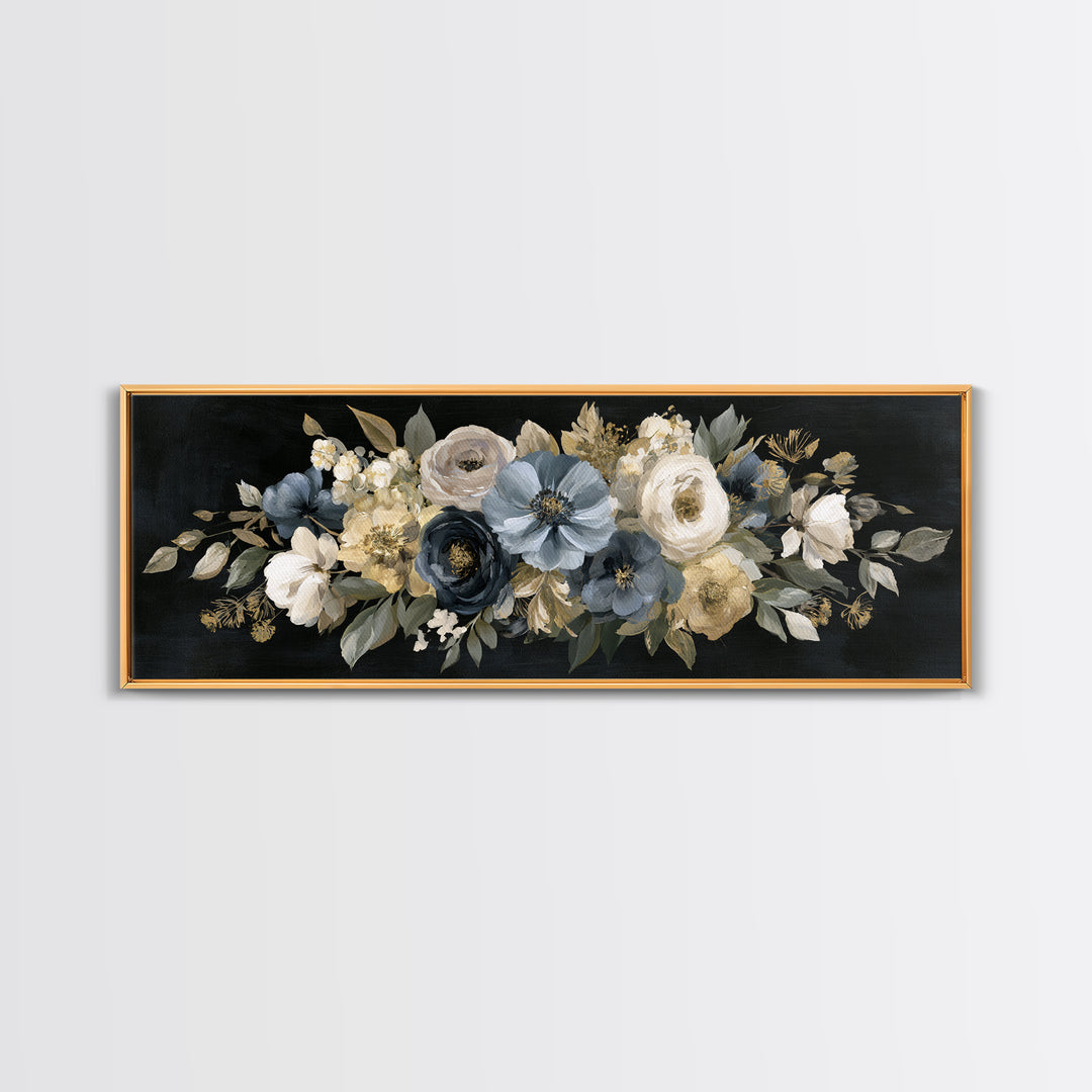 Moody Dark Background Bouquet for Formal Dining Framed Canvas Print, Dining Room Art, Wall Decor, Dining Room Decor, Dining, DRA-3x1-99