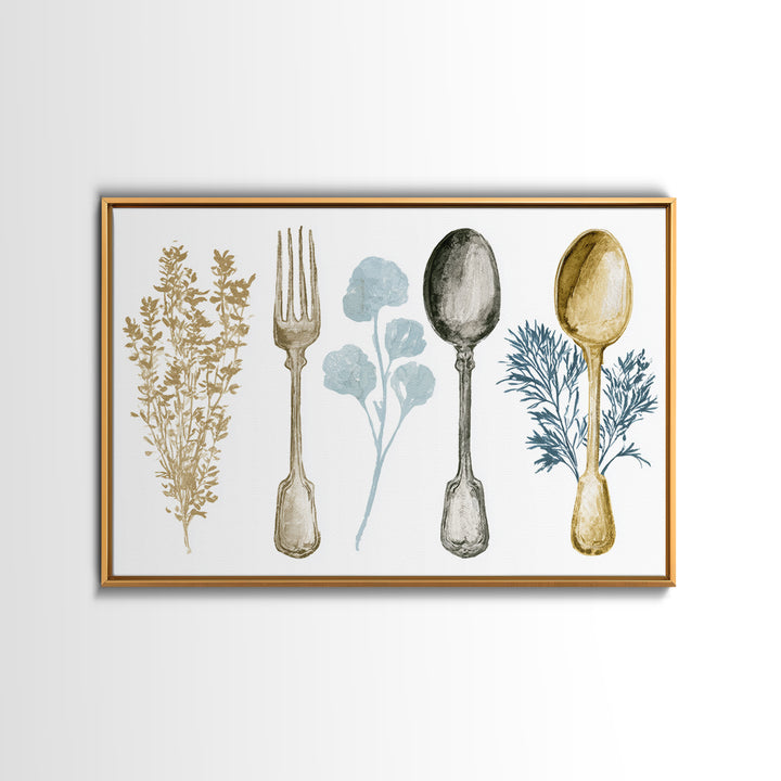 Minimal Fork Spoon and Herb Composition Framed Canvas Print, Dining Room Art, Minimalist Decor, Dining Room Decor, Dining, DRA-3x2-2