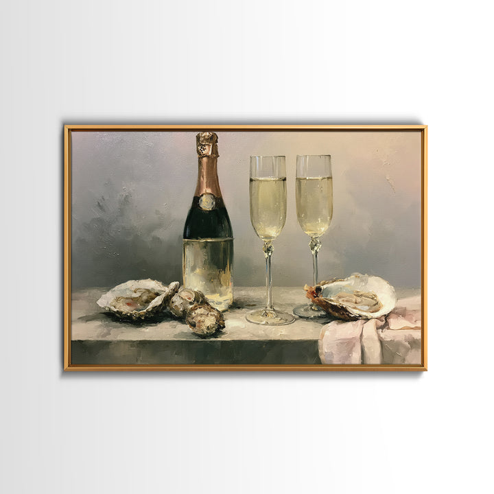 Elegant Oyster and Champagne Still Life Framed Canvas Print, Dining Room Art, Living Room Decor, Dining Room Decor, Dining, DRA-3x2-35