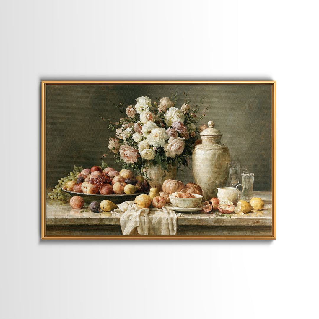 Classic Dutch Feast Arrangement Framed Canvas Print, Dining Room Art, Food Art, Dining Room Decor, Oil Painting, Dining, DRA-3x2-47